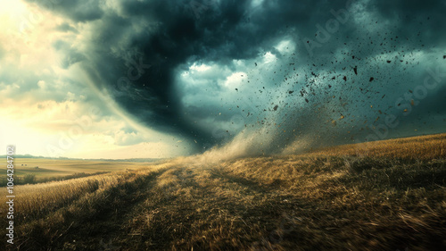 tornado forming over open farmland with dark clouds and debris swirling. dramatic scene captures power of nature and intensity of storm