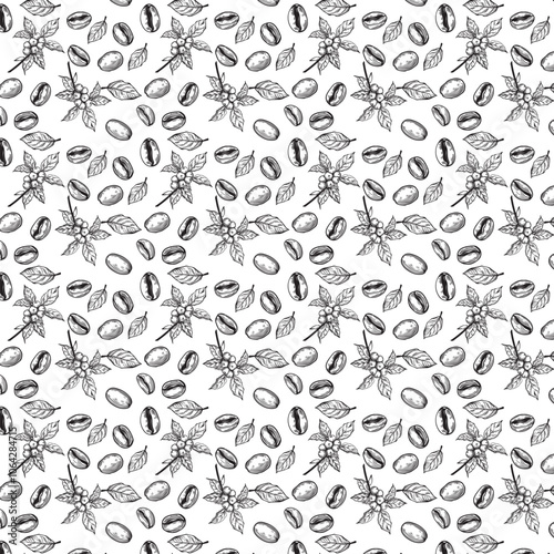 Vector seamless pattern for a coffee shop. Vector seamless pattern with coffee beans and leaves. Line art stytle