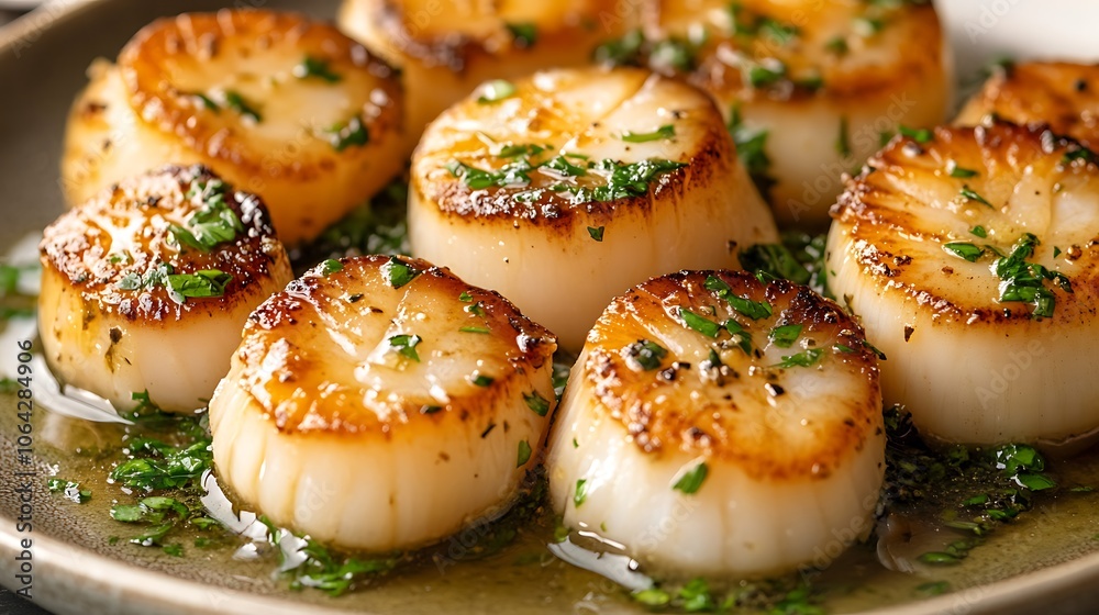 A refined presentation of pan-seared scallops in a buttery herb sauce, served on a neutral plate, soft, warm light highlighting textures, close-up view capturing details of the sear and herbs. A refined presentation of pan-seared scallops in a buttery herb sauce, served on a neutral plate, soft, warm light highlighting textures, close-up view capturing details of the sear and herbs.