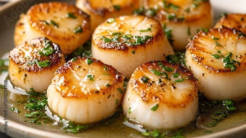 A refined presentation of pan-seared scallops in a buttery herb sauce, served on a neutral plate, soft, warm light highlighting textures, close-up view capturing details of the sear and herbs.