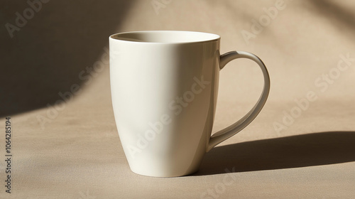 White mug standing on beige tablecloth with window light creating shadows