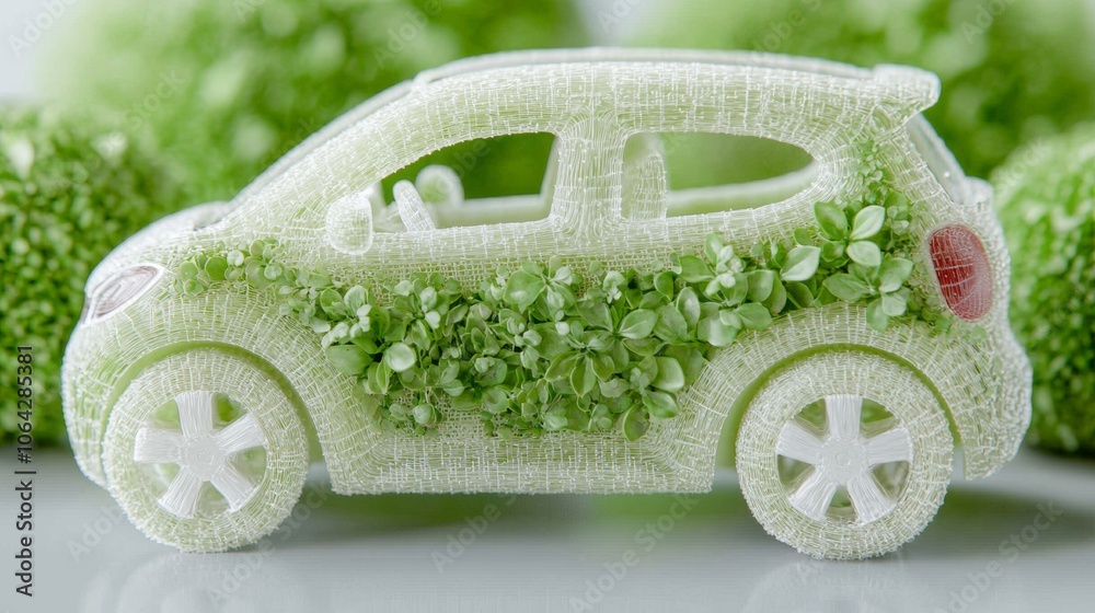 Obraz premium A small toy car covered in green foliage.