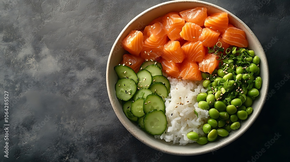 A top-down view of a colorful salmon poke bowl, with fresh cucumber, edamame, and rice, arranged on a neutral surface, soft lighting creating a fresh, appetizing look, focus on vibrant ingredients. A top-down view of a colorful salmon poke bowl, with fresh cucumber, edamame, and rice, arranged on a neutral surface, soft lighting creating a fresh, appetizing look, focus on vibrant ingredients.