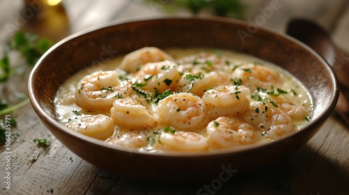 A warm bowl of butterflied shrimp pasta with garlic butter sauce, served in a light, minimalist setting, diffused natural light emphasizing the creamy sauce, garnished with herbs for a fresh, photo