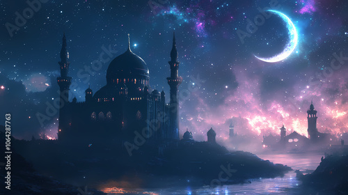 Mosque under crescent moon and starry sky. Mystical. Illustration