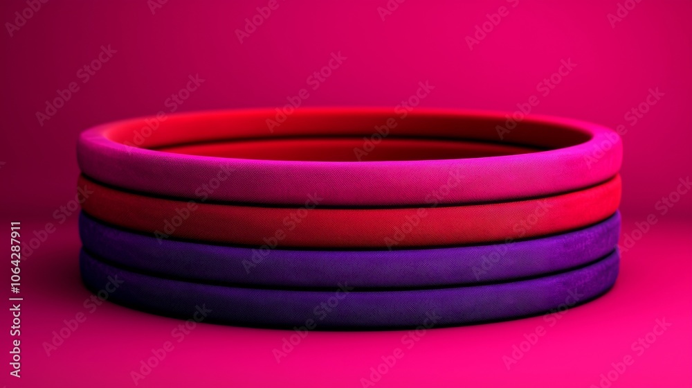 Abstract geometric shapes in a vibrant pink background with four round shapes in red, pink, and purple colors. Abstract geometric shapes in a vibrant pink background with four round shapes in red, pink, and purple colors.