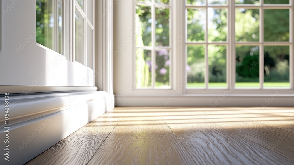Fototapeta premium Bright and Airy Interior with Wooden Floor and Windows