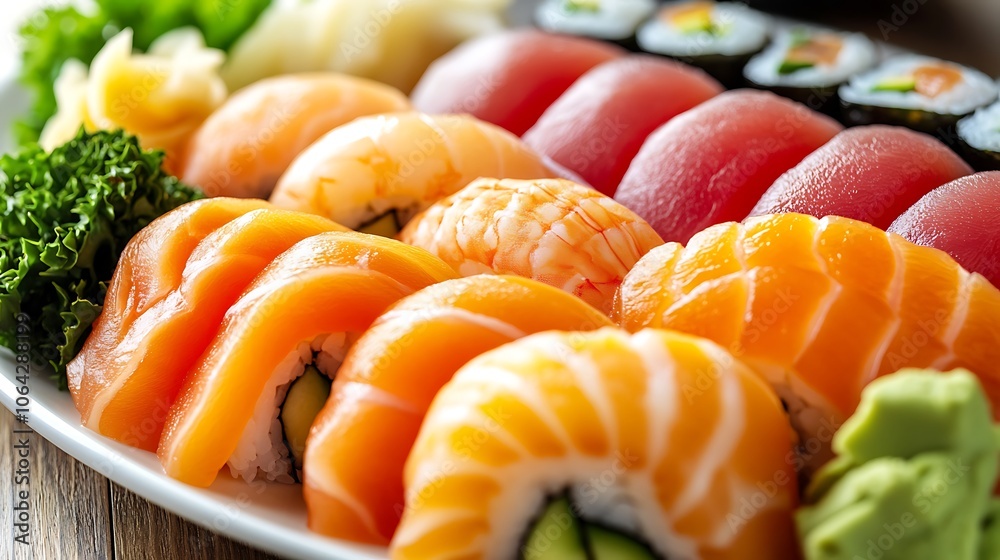 Close-up of a sushi platter featuring sashimi, nigiri, and maki rolls on a white plate, soft natural lighting showcasing the fresh textures and vibrant colors, garnished simply with ginger and wasabi. Close-up of a sushi platter featuring sashimi, nigiri, and maki rolls on a white plate, soft natural lighting showcasing the fresh textures and vibrant colors, garnished simply with ginger and wasabi.