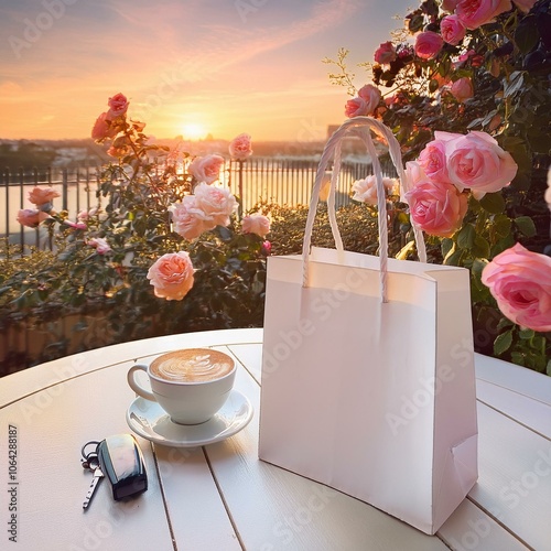 white paper shopping bag, coffee, car key on white round table in cafe patio with beautiful pink rose garden, town, ocean behind with dreamy sunset photo