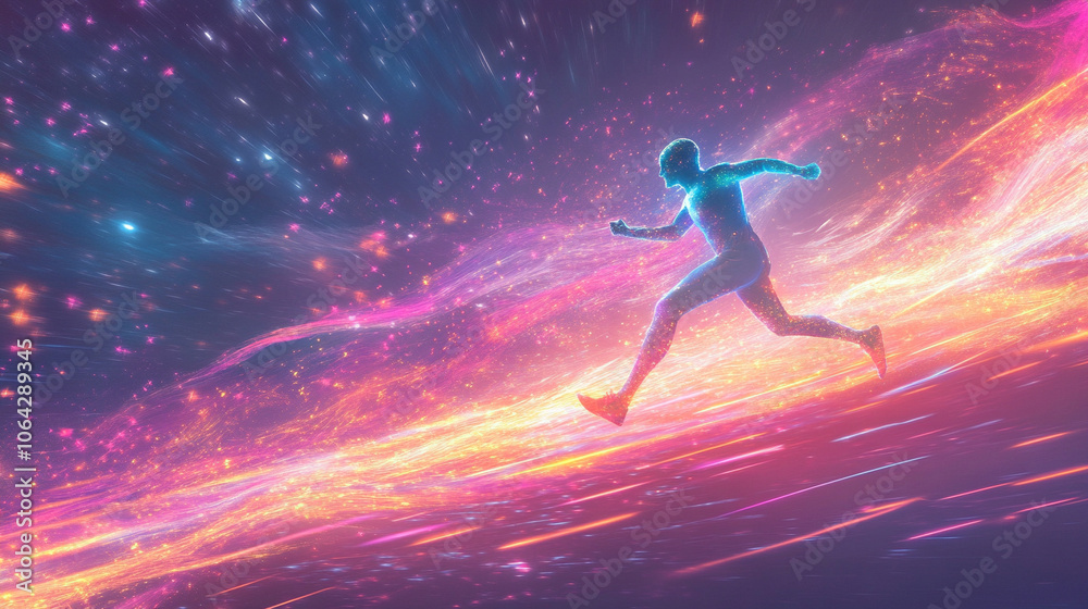 Naklejka premium Pink Purple blue gold light trail running, Flight Through the space.