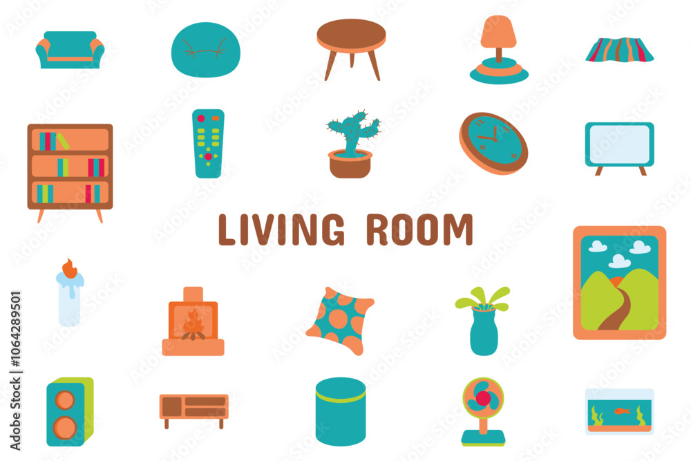 Living Room Flat Vector Illustration Icon Sticker Set Design Materials Living Room Flat Vector Illustration Icon Sticker Set Design Materials