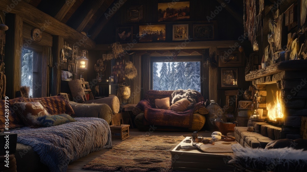 Cozy Cabin Interior with Rustic Decor and Warm Lighting Cozy Cabin Interior with Rustic Decor and Warm Lighting