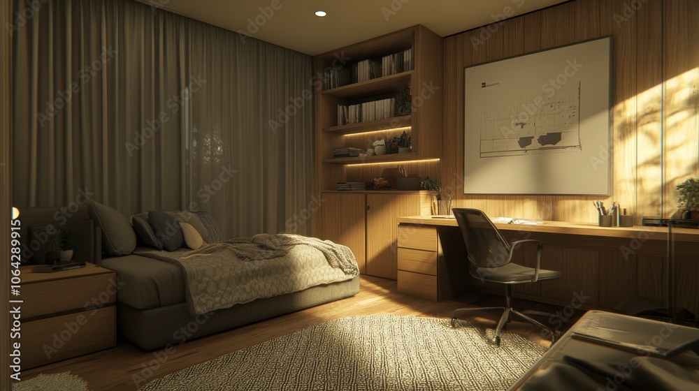 Fototapeta premium Cozy Modern Bedroom with Natural Light and Wood Accents