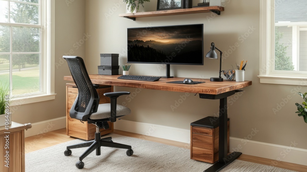 Modern Home Office Setup with Stylish Desk and Monitor Modern Home Office Setup with Stylish Desk and Monitor