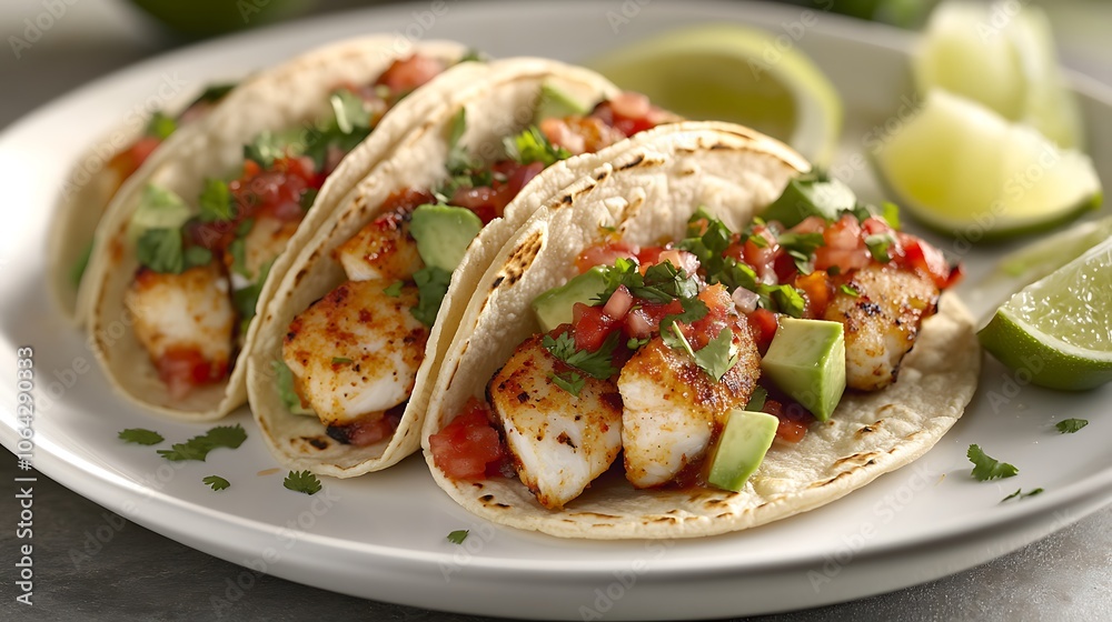 Fish tacos arranged on a white plate, garnished with avocado cubes, lime slices, and cilantro, soft natural light creating a fresh, inviting look, vibrant colors and clean composition. --ar 16:9 Fish tacos arranged on a white plate, garnished with avocado cubes, lime slices, and cilantro, soft natural light creating a fresh, inviting look, vibrant colors and clean composition. --ar 16:9