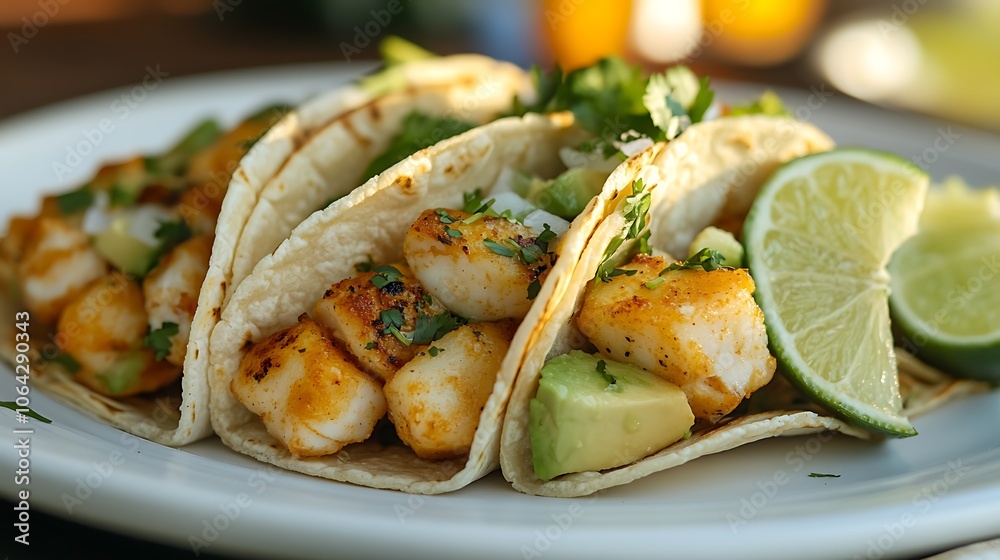 Fish tacos arranged on a white plate, garnished with avocado cubes, lime slices, and cilantro, soft natural light creating a fresh, inviting look, vibrant colors and clean composition. --ar 16:9 Fish tacos arranged on a white plate, garnished with avocado cubes, lime slices, and cilantro, soft natural light creating a fresh, inviting look, vibrant colors and clean composition. --ar 16:9