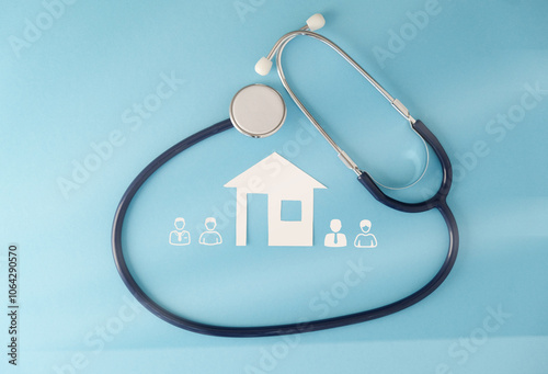 Top view of medical stethoscope and icon family on cyan background. Health care insurance concept