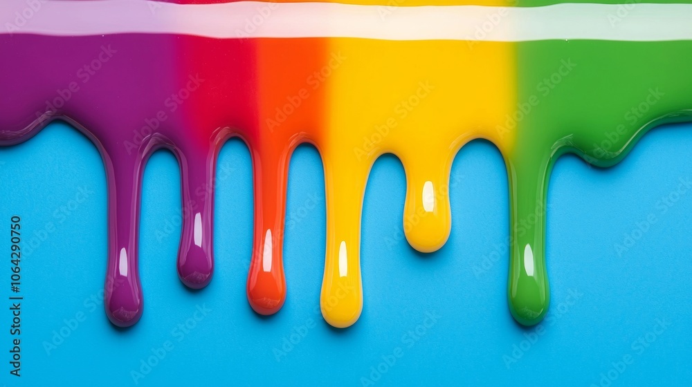 Rainbow paint dripping on blue background.