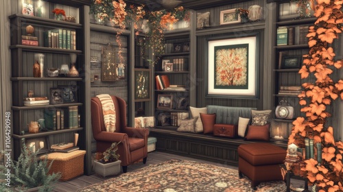 Cozy Reading Nook with Books and Warm Decor