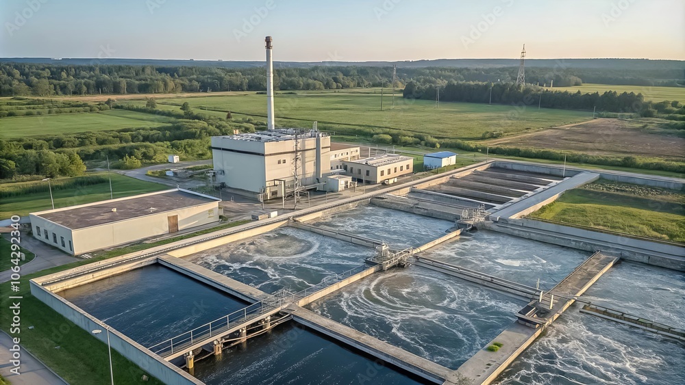 Aerial Perspective of an Industrial Water Treatment Facility Featuring Concrete Basins and a Large Processing Plant in the Foreground Aerial Perspective of an Industrial Water Treatment Facility Featuring Concrete Basins and a Large Processing Plant in the Foreground