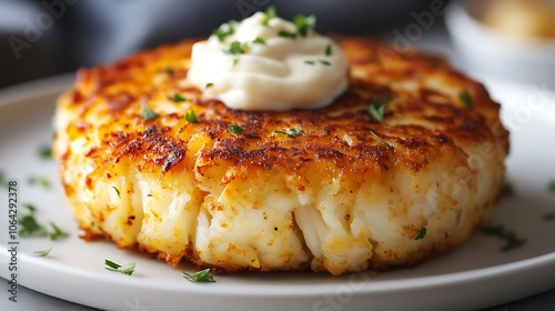 Golden brown crab cake with a dollop of aioli, served on a plain white plate, warm, gentle lighting bringing out the crispy texture, garnished lightly with herbs for color,