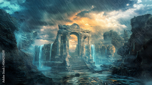 Rain shadow temple, hidden sanctuary, mystical rites, rainless boundary,. Mystical. Illustration