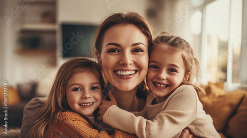 Family Portrait of Loving Mother with Her two Daughters in Warm Indoor Lighting