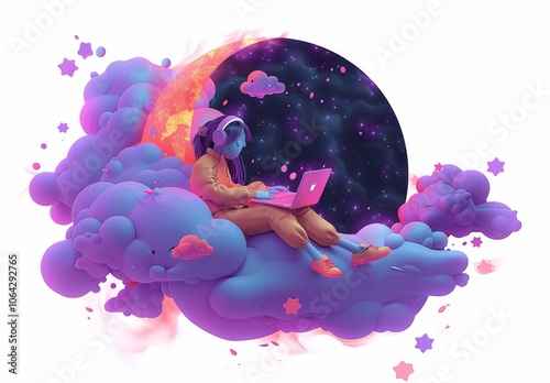 Cute red-haired female writer on moon with laptop in pastel colors, surrounded by floating shapes, stars, clouds, cat, owl in smooth minimalist 3D render photo