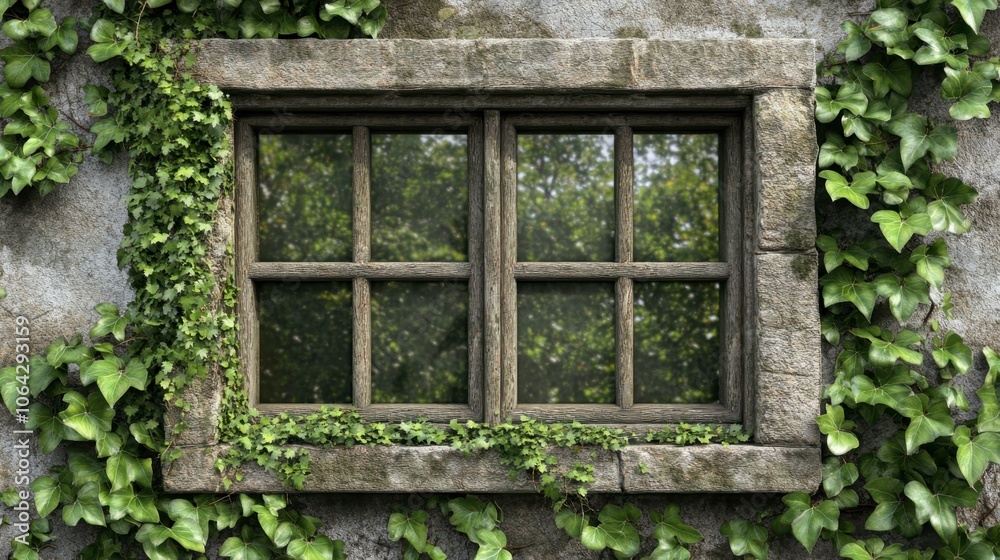 Rustic Window Surrounded by Lush Greenery Rustic Window Surrounded by Lush Greenery