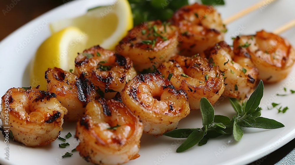 Grilled shrimp skewers with herbs and lemon zest on a simple white plate, soft natural lighting bringing out vibrant textures and colors, arranged elegantly for a fresh, appetizing feel. --ar 16:9 Grilled shrimp skewers with herbs and lemon zest on a simple white plate, soft natural lighting bringing out vibrant textures and colors, arranged elegantly for a fresh, appetizing feel. --ar 16:9