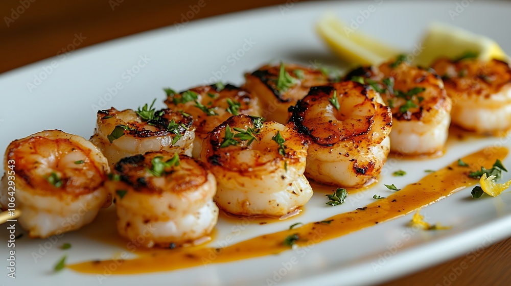 Grilled shrimp skewers with herbs and lemon zest on a simple white plate, soft natural lighting bringing out vibrant textures and colors, arranged elegantly for a fresh, appetizing feel. --ar 16:9 Grilled shrimp skewers with herbs and lemon zest on a simple white plate, soft natural lighting bringing out vibrant textures and colors, arranged elegantly for a fresh, appetizing feel. --ar 16:9