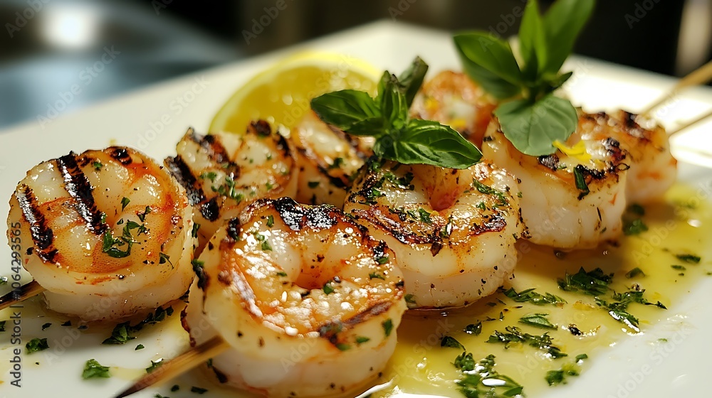 Grilled shrimp skewers with herbs and lemon zest on a simple white plate, soft natural lighting bringing out vibrant textures and colors, arranged elegantly for a fresh, appetizing feel. --ar 16:9