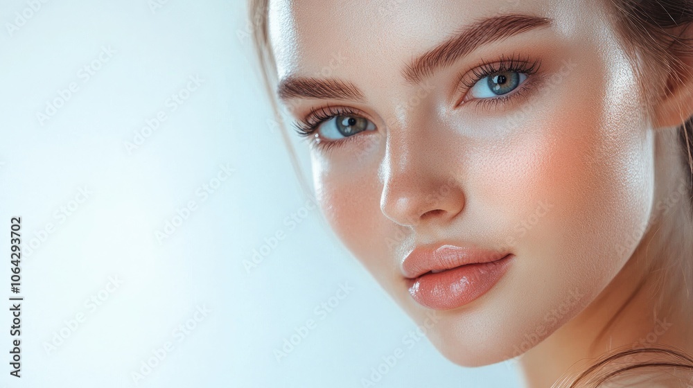 A young woman with clear skin and bright eyes, her face illuminated by soft sunlight A young woman with clear skin and bright eyes, her face illuminated by soft sunlight