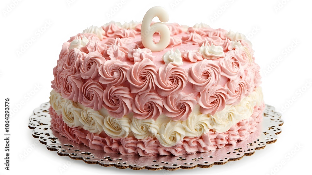Food, Sweet, 6th Birthday Cake, Pink, Photo Realistic, White Background, Wallpaper, Cover and Screen for Smartphone, PC, Laptop, 9:16 and 16:9 Format