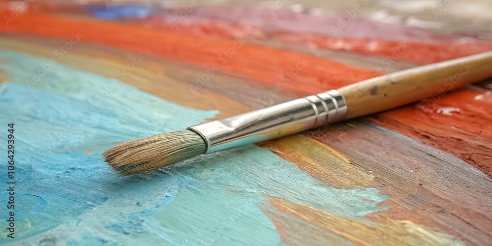 Fototapeta premium A paintbrush rests on a wooden surface, surrounded by vibrant hues of paint, ready to bring imagination to life.