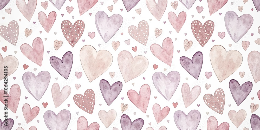 Watercolor Hearts with Speckled and Solid Designs, Ranging in Size and Hues of Pink, Purple and Beige Watercolor Hearts with Speckled and Solid Designs, Ranging in Size and Hues of Pink, Purple and Beige
