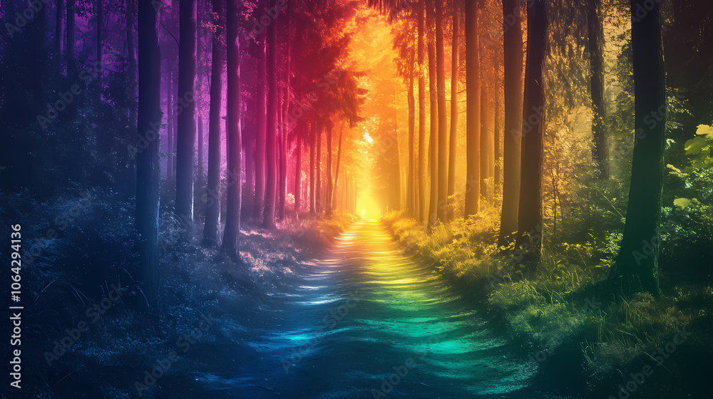 Obraz premium The mystical path through the magical forest shines with the colors of the rainbow. st. patrick day. Mystical. Illustration