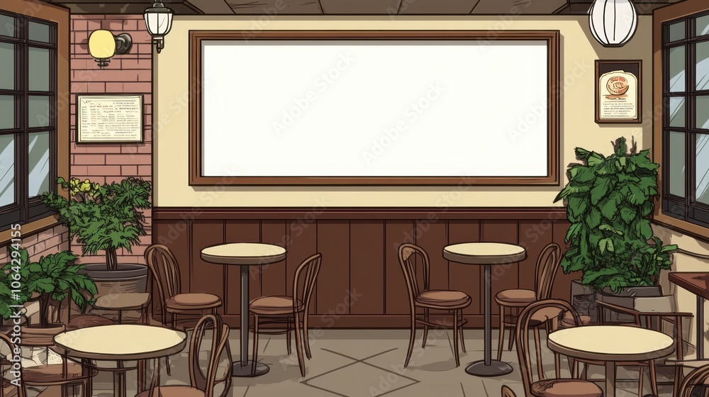 Cozy Cafe Interior with Blank Frame and Tables Cozy Cafe Interior with Blank Frame and Tables