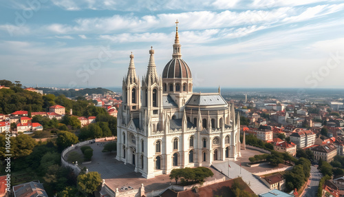 Aerial, drone view of the Basilica of Notre Dame of Fourviere in Lyon, France isolated with white shades, png photo