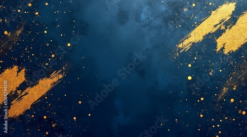 Dark Navy Blue Textured Background with Gold Metallic Brushstrokes and Glitter Specks for Elegant Designs, Dark navy blue textured background, with gold metallic brushstrokes scattered gold glitter