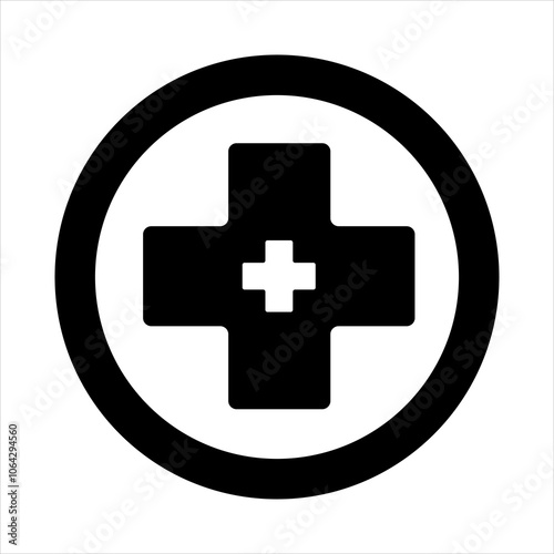 A flat design black and white circle icon symbolizing First Aid on White Background