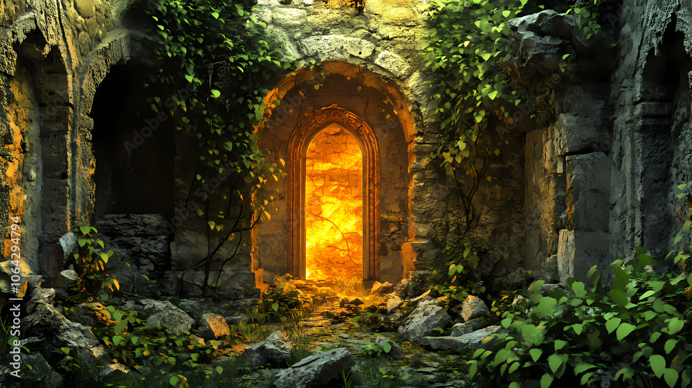 Fototapeta premium Underground fantasy temple, glowing with mystical energy and surrounded by ancient, enchanted vines and stones. Mystical. Illustration