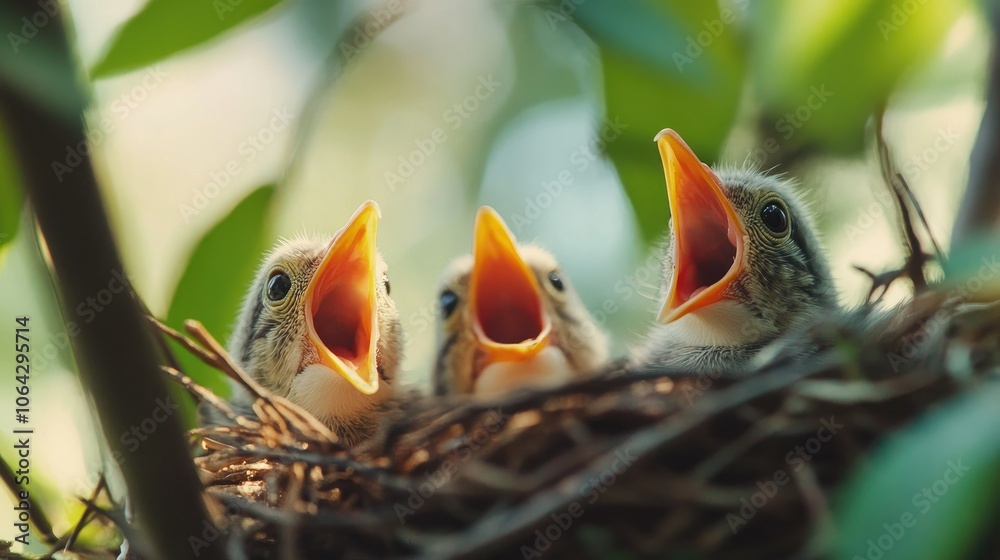 An adorable shot of a group of baby birds huddled together in a nest An adorable shot of a group of baby birds huddled together in a nest