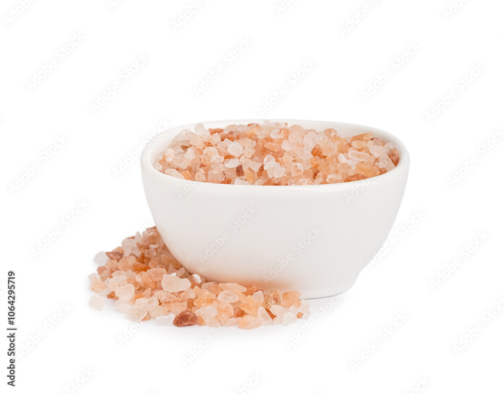 Bowl with pink Himalayan salt on white background Bowl with pink Himalayan salt on white background