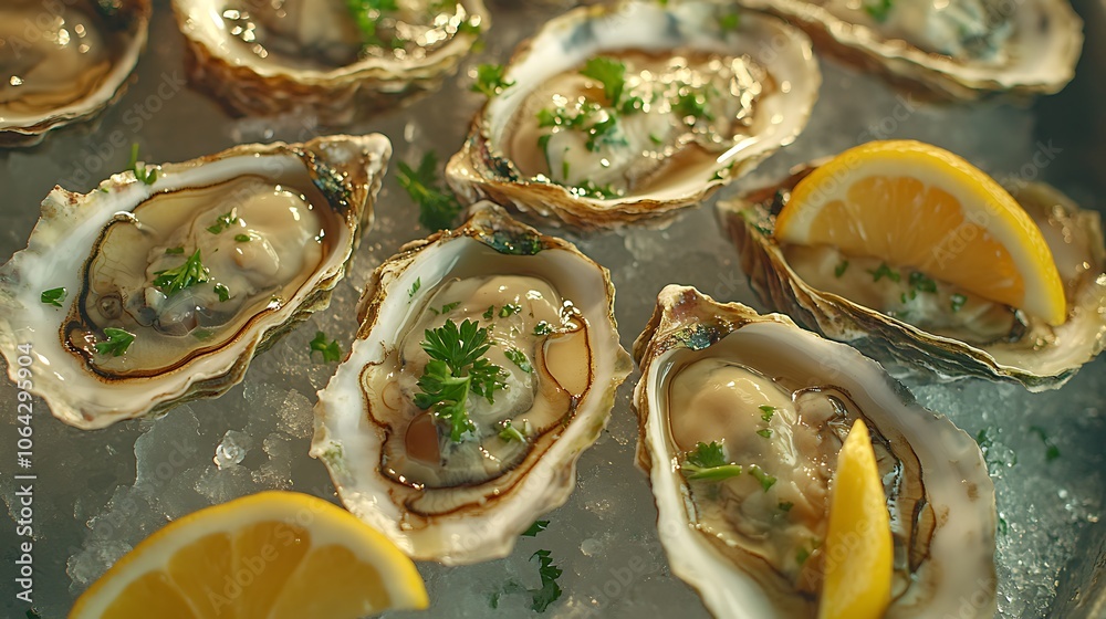 Overhead view of chilled oysters on a bed of ice, garnished with lemon wedges and sprigs of parsley, soft natural lighting highlighting the textures and vibrant details,
