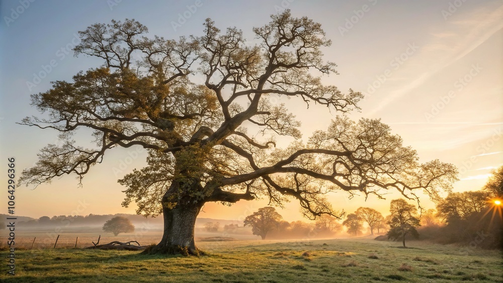 A blanket of golden light wraps around the branches of an old oak tree as morning breaks, leafy greens, forest floor, woodland A blanket of golden light wraps around the branches of an old oak tree as morning breaks, leafy greens, forest floor, woodland