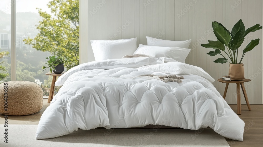 Cozy White Bedding with Natural Light and Greenery Cozy White Bedding with Natural Light and Greenery