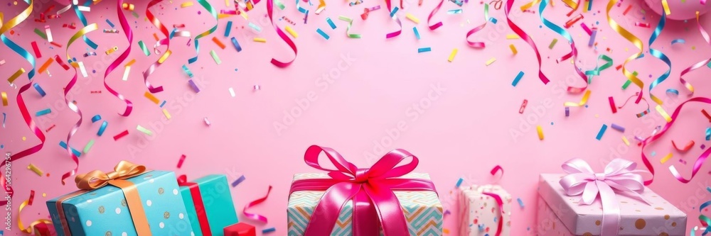 Pink background with confetti surrounding a gift box topped with a decorative bow, birthday, confetti, special occasion