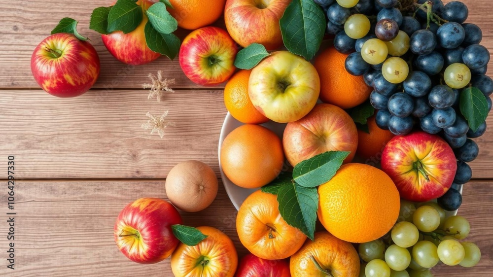 Plate filled with assorted fresh fruits like apples, oranges, and grapes placed on a wooden table, captured from a wonderful high angle view, natural, colorful, assorted Plate filled with assorted fresh fruits like apples, oranges, and grapes placed on a wooden table, captured from a wonderful high angle view, natural, colorful, assorted