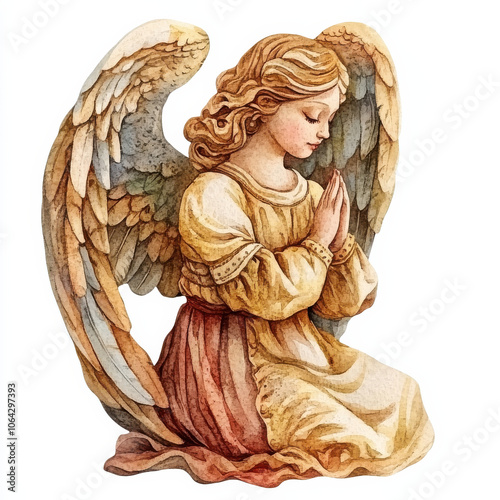 Watercolor angel figure with wings, praying in serene pose